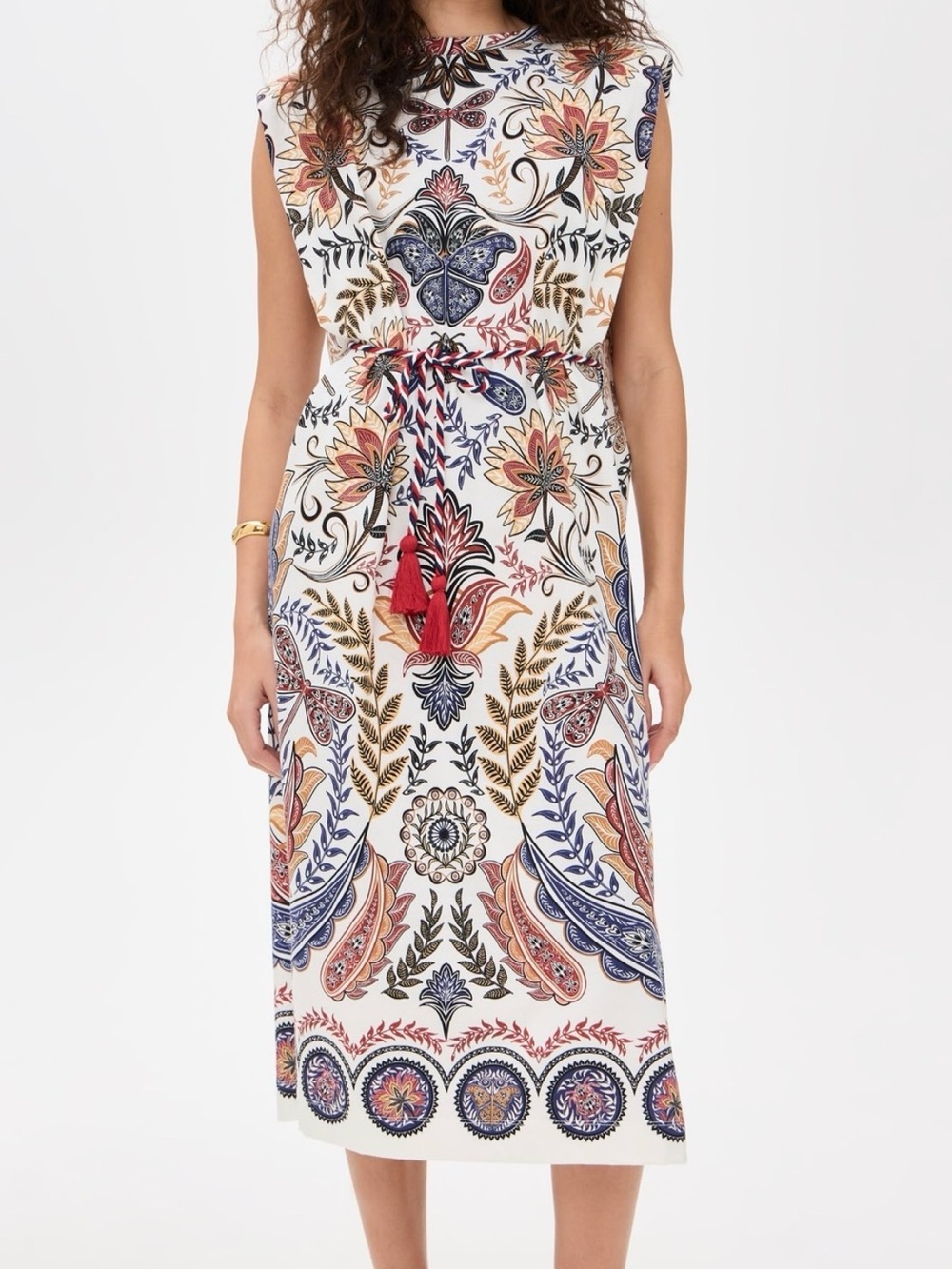 FARM RIO Off-White Boho Paisley Print Midi Dress with Red Tassel Tie NWOT Size S